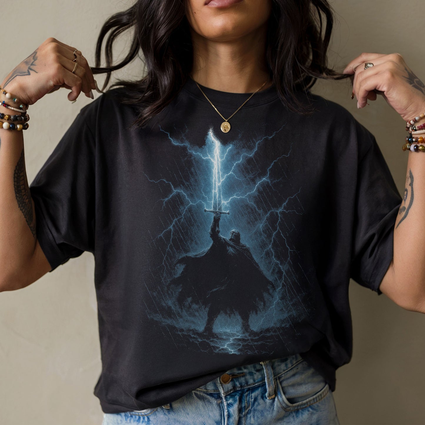The Lightning Warden Dark Fantasy T-Shirt